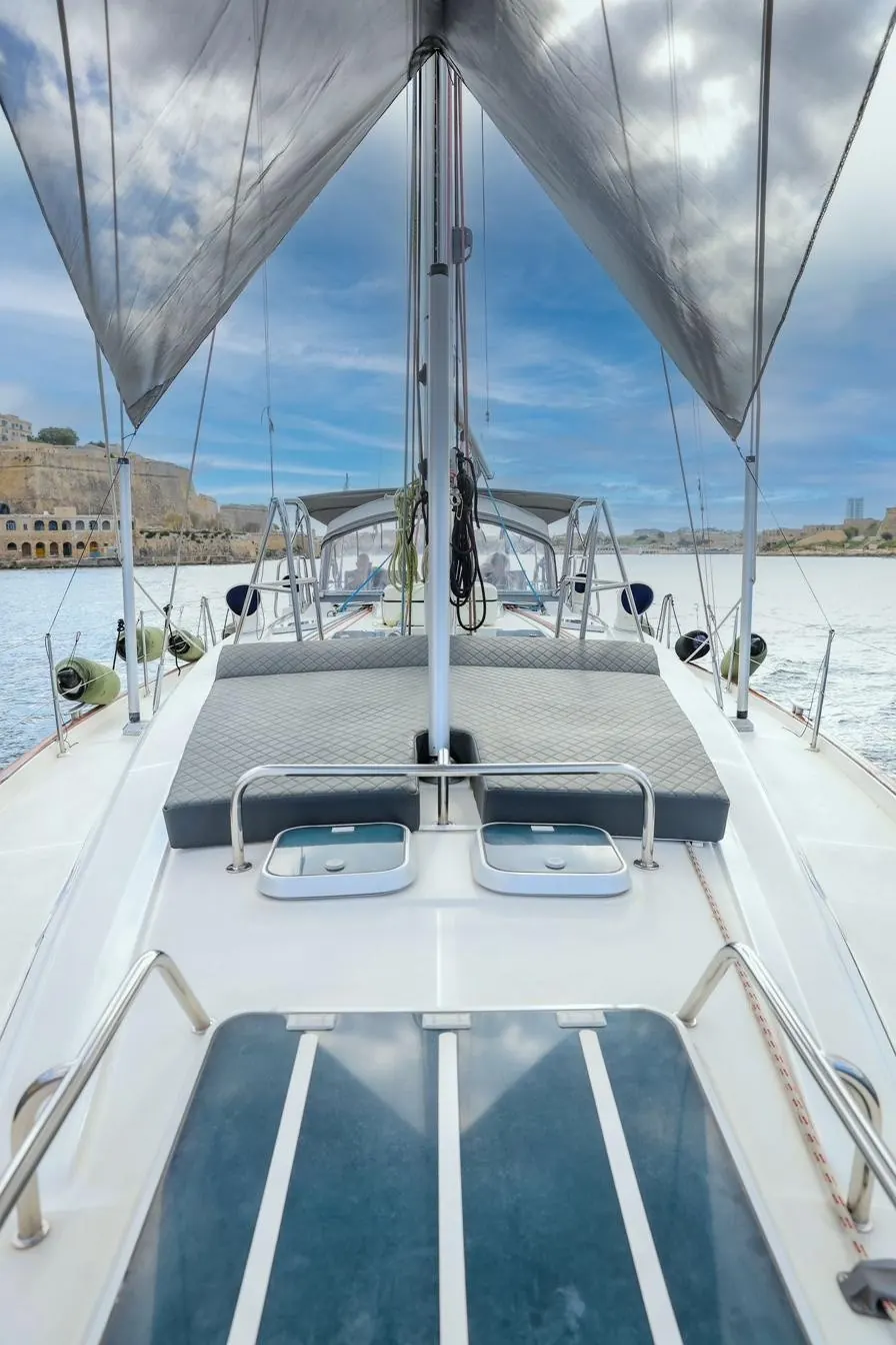 View from the mast down the deck of the Beneteau 50