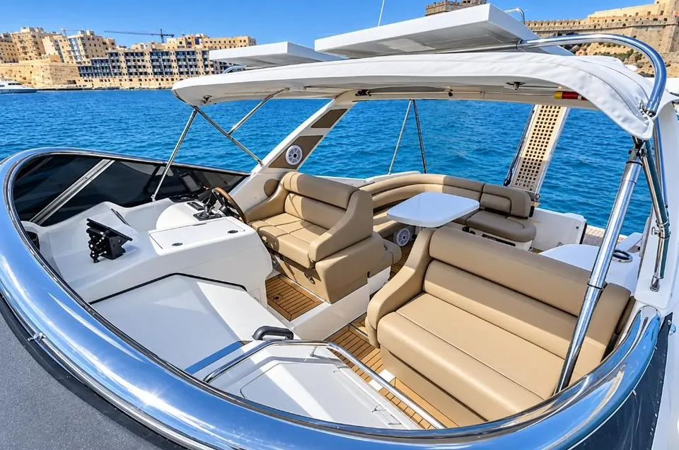 Aft deck seating and table on the Cranchi Mediterranée 43