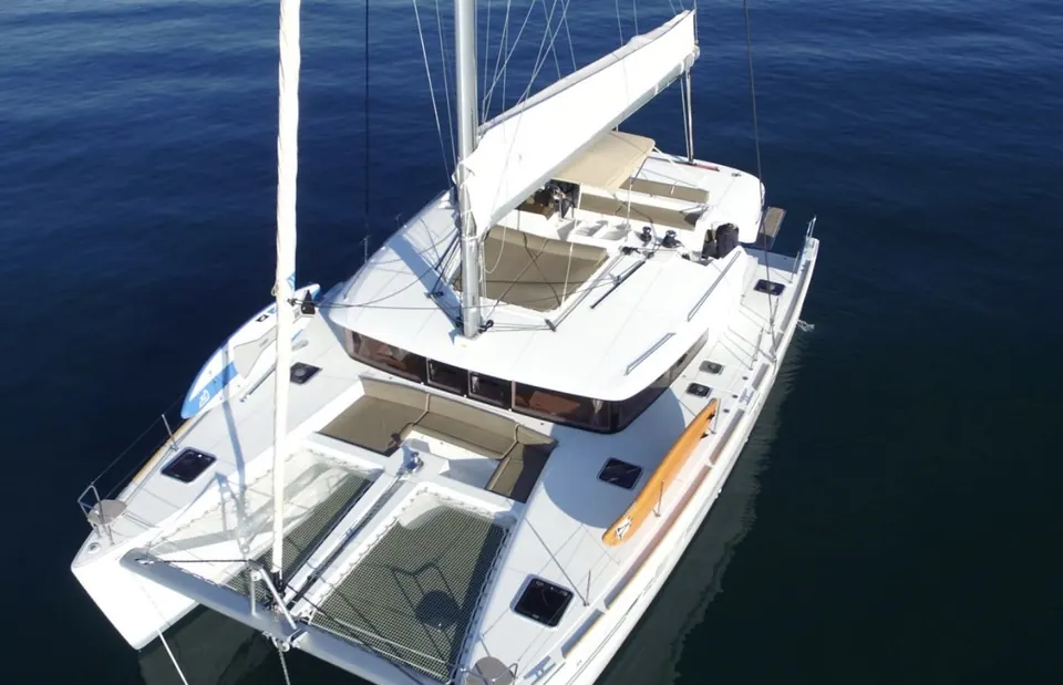 Aerial view of the Lagoon 450 deck and trampoline
